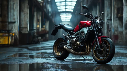 Photorealistic red cafe racer in moody industrial warehouse.