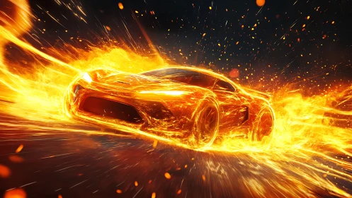 Flaming hypercar rendered in dynamic high-energy motion lighting
