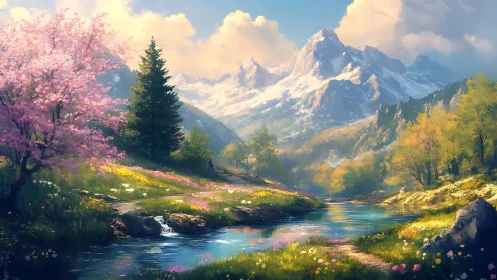 Spring alpine valley with blossom trees and clear river.