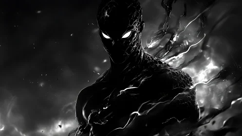 Dark humanoid figure with glowing eyes in swirling smoke.