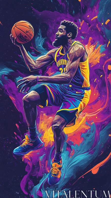 Neon-splashed baller powers through cosmic paint to score