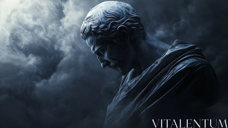 Marble philosopher statue in moody blue cinematic fog.