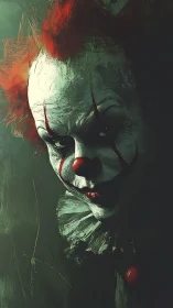 Sinister clown portrait emerges from shadowed green gloom.