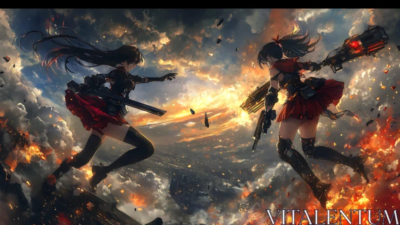 Dual gun heroines clash above burning apocalyptic cityscape.