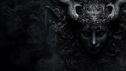 Horned obsidian deity emerges from baroque darkness