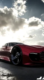 Low-angle view of red Mercedes concept car at sunset.