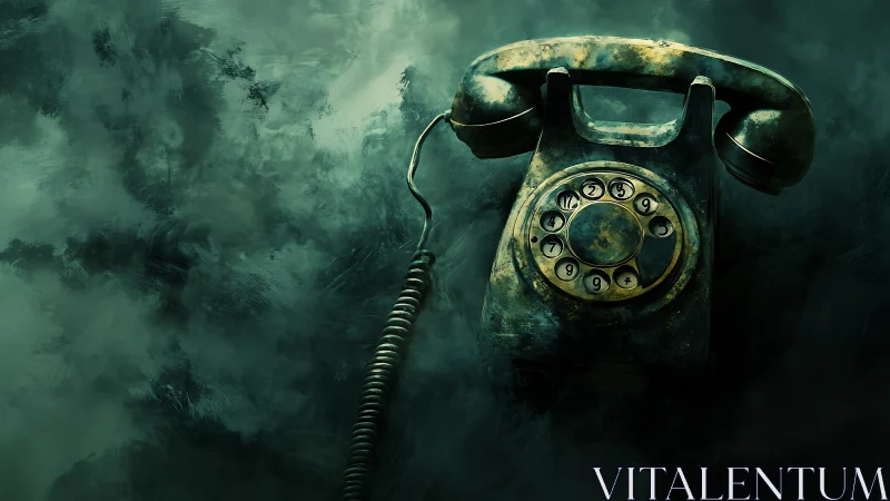 Vintage rotary phone rests in eerie green fog.