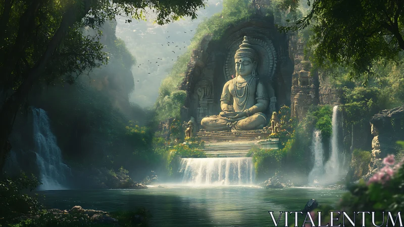 Colossal jungle Buddha above misty cascading waterfalls.