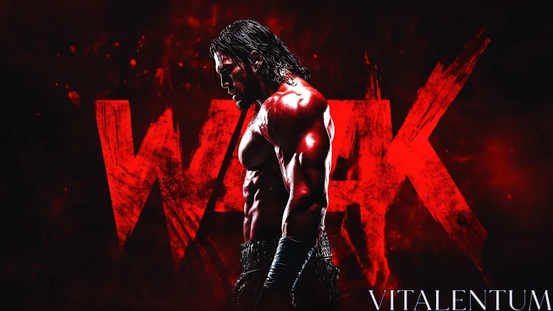 Muscular male fighter stands shirtless before red WAR text