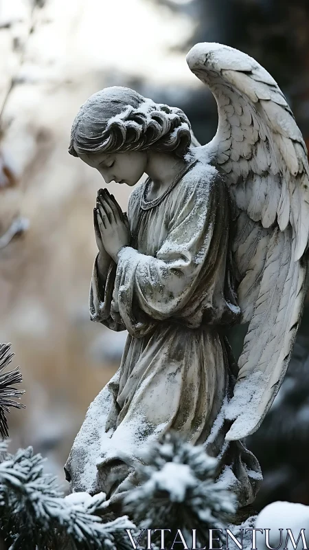 Snow-kissed stone angel in quiet winterside prayerful hush.