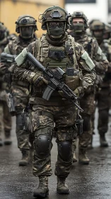 Armored strike unit marches forward in rain slicked streets.