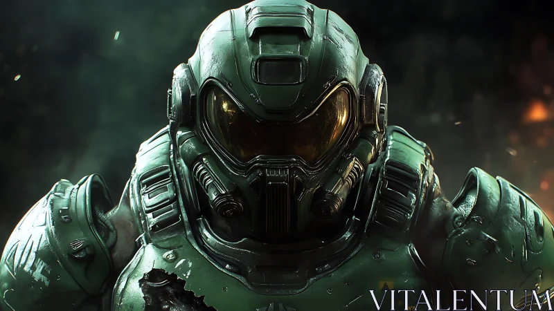 Armored sci fi soldier emerges from burning battlefield