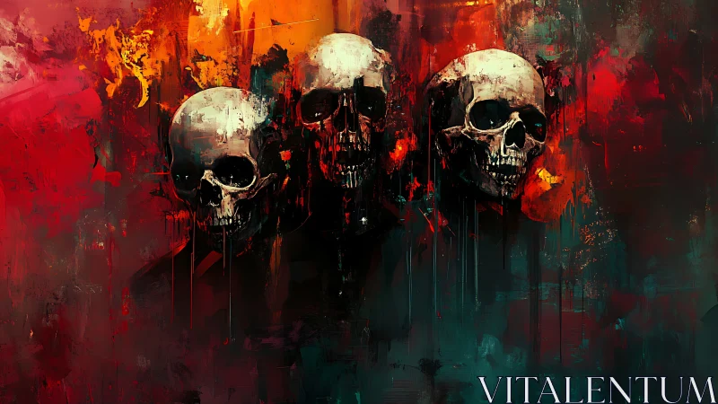 Three skulls in dark red abstract horror artwork.