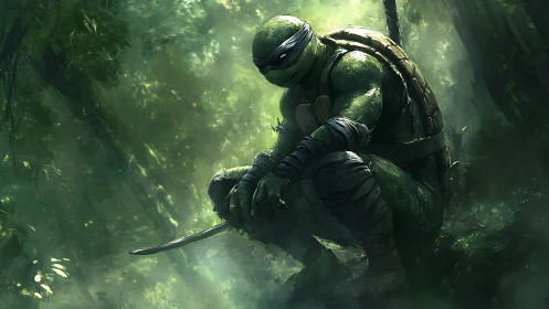 Masked humanoid turtle crouches with blade in forest light