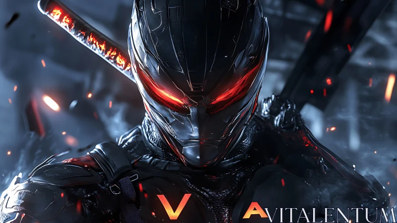 Cybernetic warrior stands poised in glowing ember-lit haze