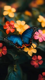 Sapphire garden butterfly glows above blazing spring blooms.