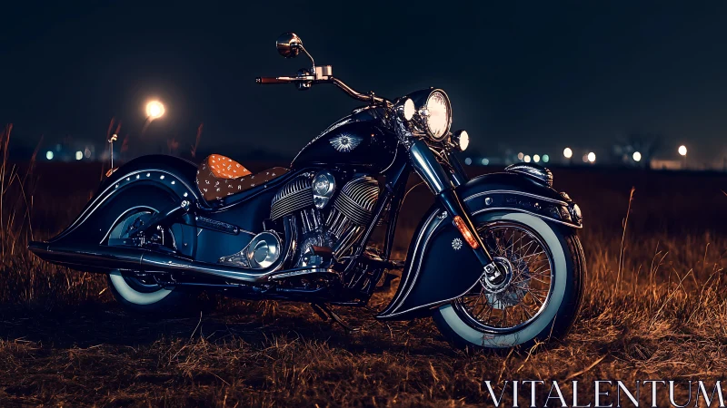 Classic blue cruiser motorcycle glows under rural night sky