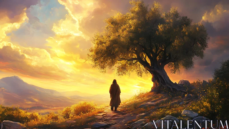 Solitary wanderer greeting a golden horizon under ancient boughs.