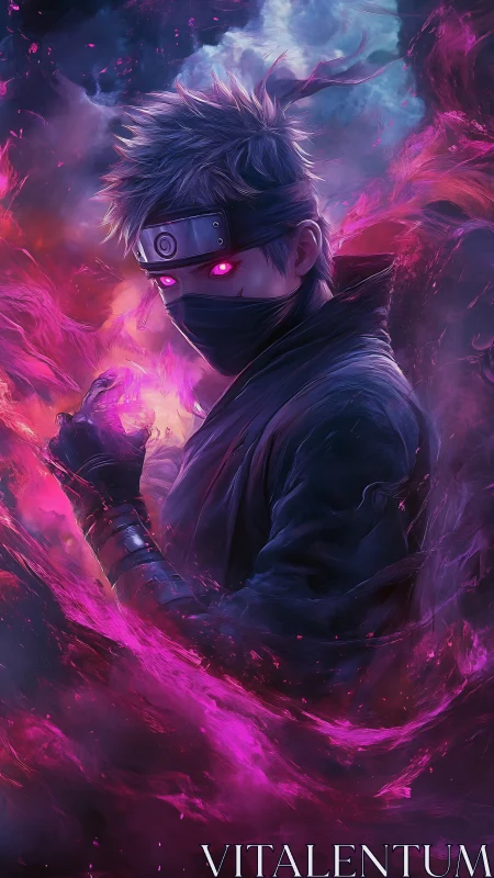 Masked cyber ninja with magenta arcane energy vortex.