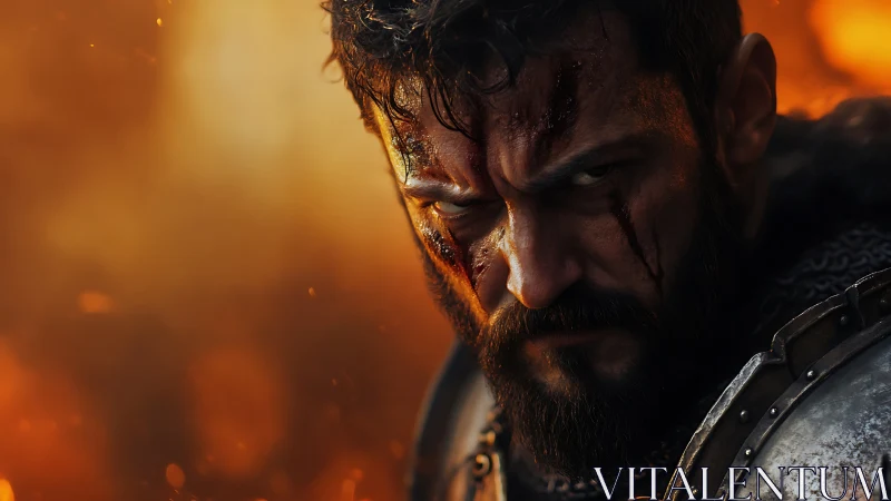 Battle-hardened warrior portrait with cinematic bokeh and rim lighting