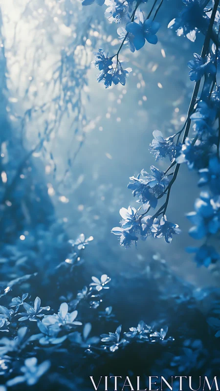 Frost-Covered Flowering Branches Under Blue Light