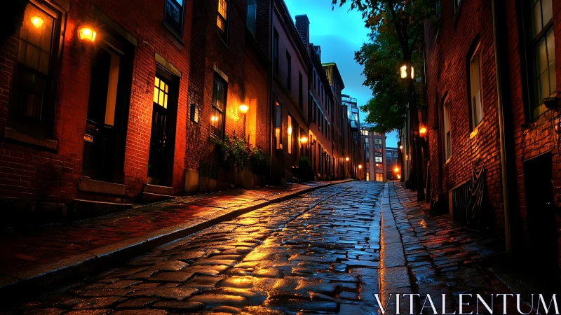 Rain-soaked cobblestone street under warm urban lamplight.