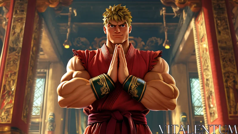 Martial artist model stands in ornate temple interior setting