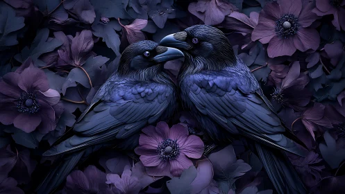 Two Ravens Rest Among Purple Flowers in Moody Twilight