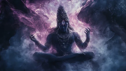 Seated divine figure in symmetrical meditative pose amid mist
