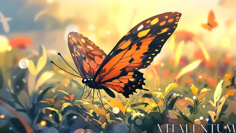 Sunlit monarch butterfly poised in glowing meadowscape.