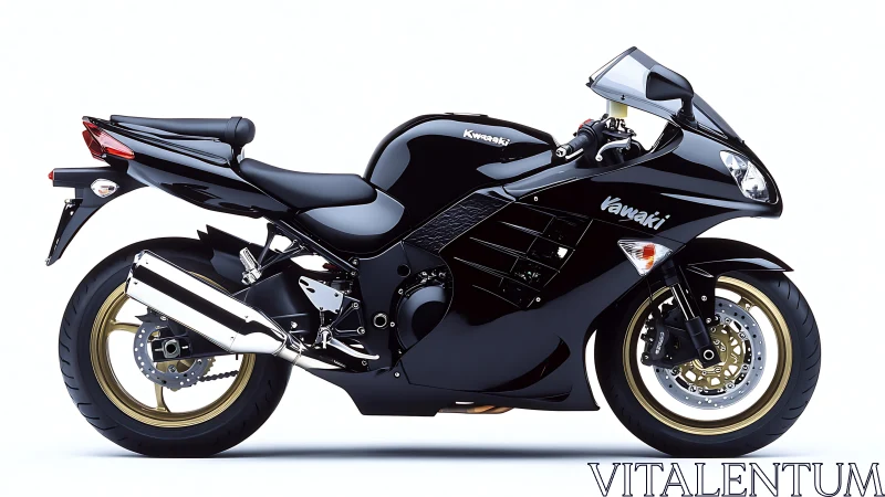 Midnight sportbike idol gleaming on a pure white stage.