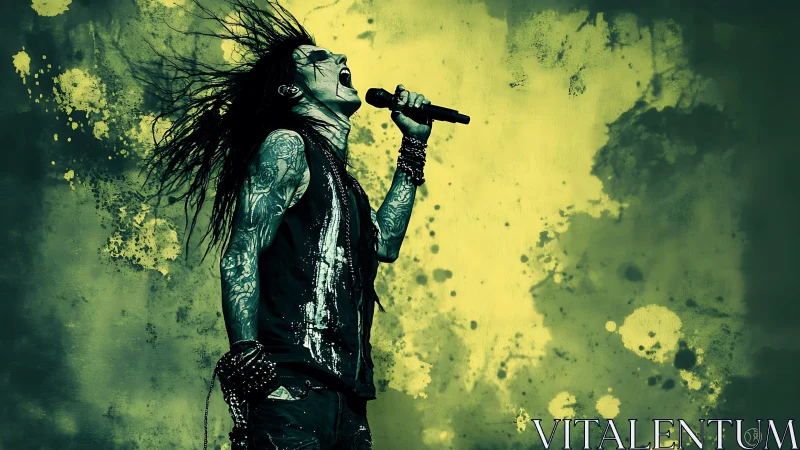 Tattooed rock vocalist screaming against acid splatter backdrop.