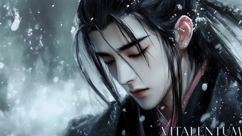 Melancholic anime swordsman in snowfall with closed eyes.