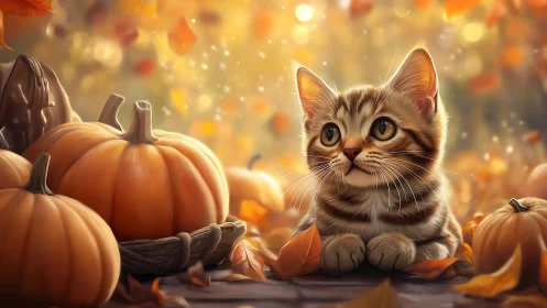 Adorable Kitten Discovers Autumn Magic Among Glowing Pumpkins
