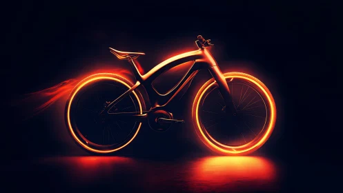 Neon-illuminated bicycle against dark background.