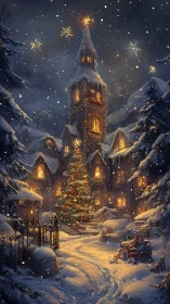 Snowy Christmas manor glows under starry winter sky