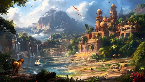 Golden domed fantasy citadel overlooks lush river valley.