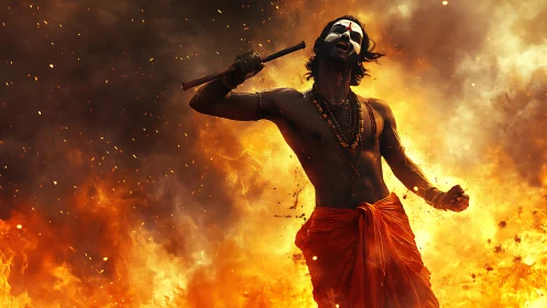 Fire-drenched ritual warrior roaring amid molten twilight storm.