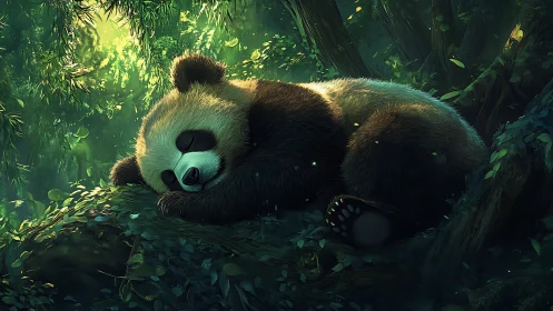 Sleeping panda resting on mossy forest floor at dusk.