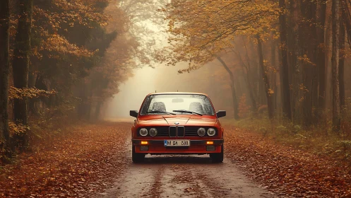 Red classic BMW on misty forest road in autumn foliage.