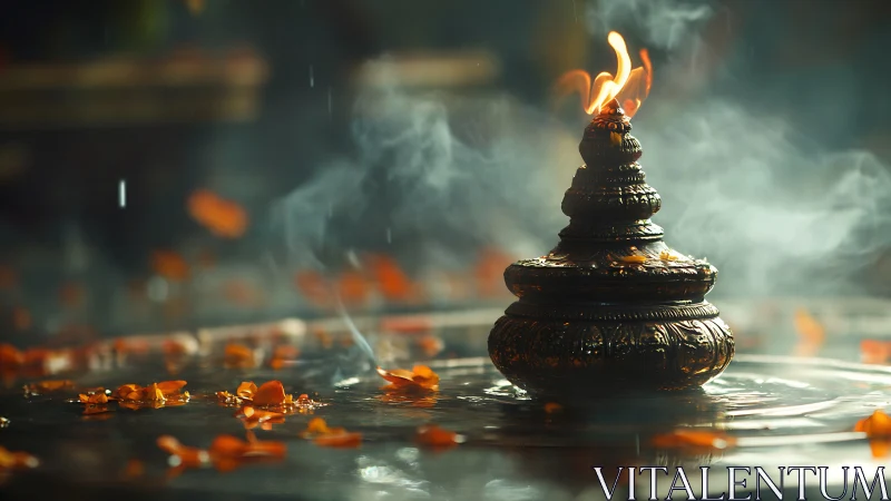 Ornate bronze oil lamp with open flame and drifting incense smoke