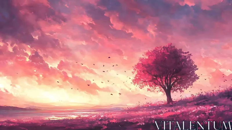 Blush horizon tree dreaming beneath a watercolor sky.