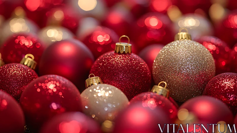 Glittering red bauble chorus in cozy holiday closeup.