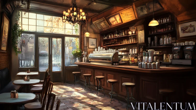 Vintage European caf&eacute; interior with warm cinematic lighting.