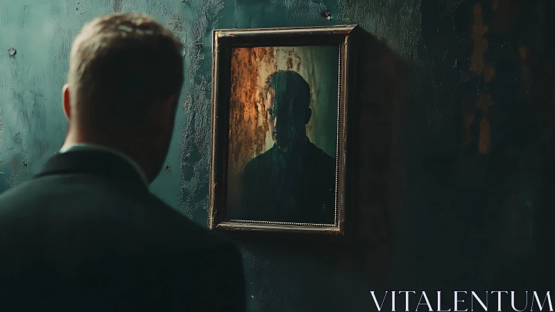 Man in dark suit faces shadowed reflection in vintage mirror