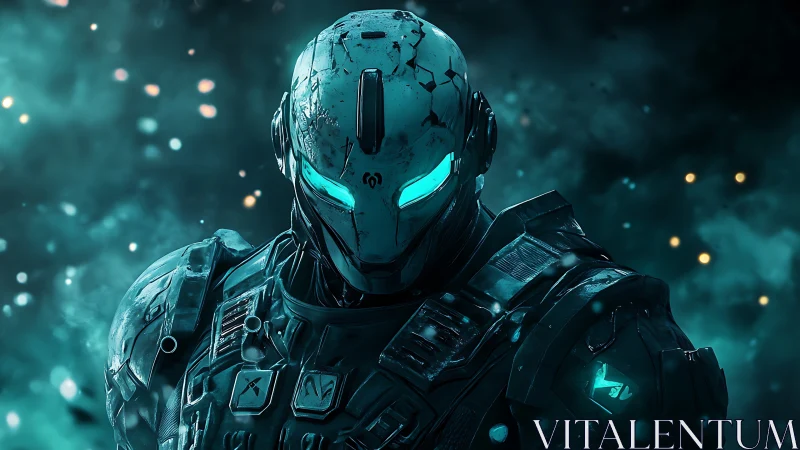 Shattered teal combat android under swirling nebula glow.