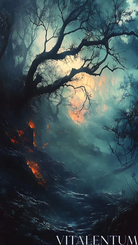 Gnarled tree silhouette against fiery sky with forest fire