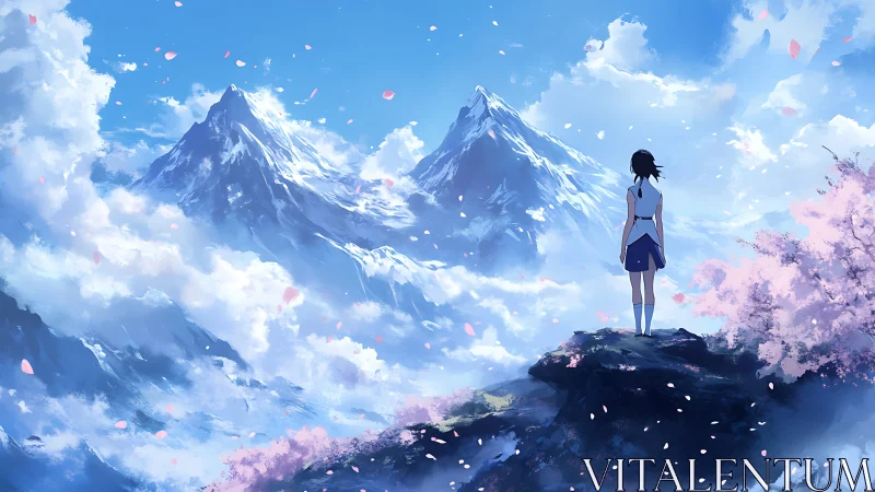 Solitary figure on cliffside overlooking distant snowy peaks.