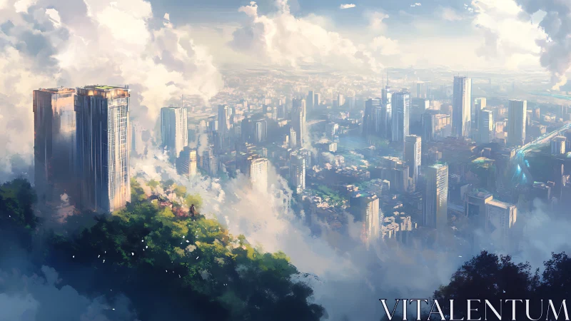 Sunlit cloud city gently rises above a lush green cliff
