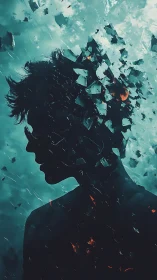 Fractured silhouette dissolves into shattering geometric debris